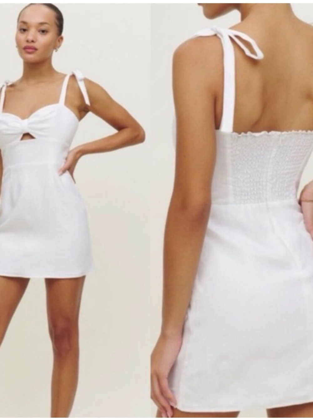 Reformation White Tie-Shoulder Linen Mini Dress